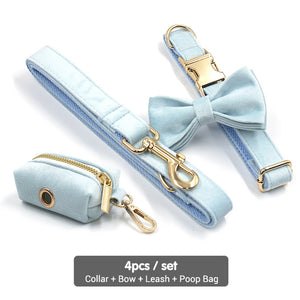 Luxury Velvet Crush Pale Blue - Leash, Poop Bag Holder & Personalised Collar