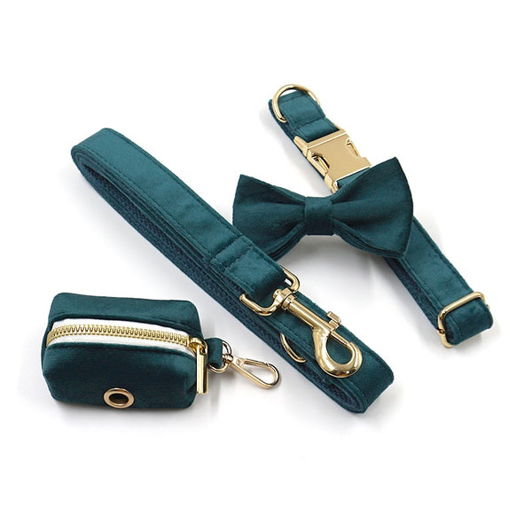 Load image into Gallery viewer, Luxury Velvet Crush Emerald - Leash, Poop Bag Holder &amp; Personalised Collar
