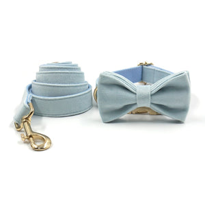 Luxury Velvet Crush Pale Blue - Leash, Poop Bag Holder & Personalised Collar