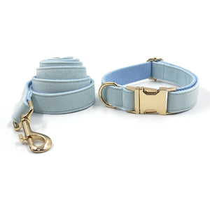 Luxury Velvet Crush Pale Blue - Leash, Poop Bag Holder & Personalised Collar