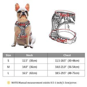 Malibu style dog harness with reflective detail size guide