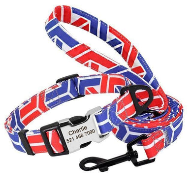 Personalised dog collar with engraving and matching leash set