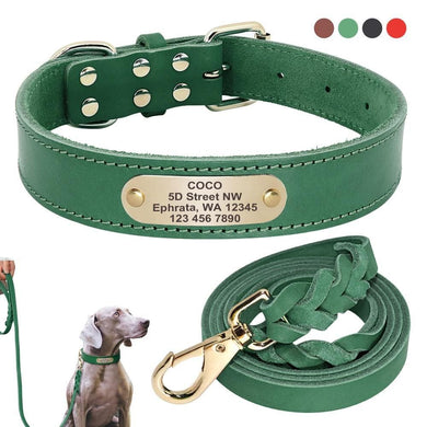 leather personalised dog collar and leash set