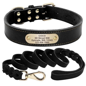 leather personalised dog collar and leash set black