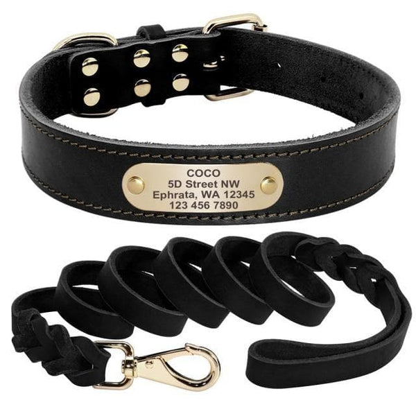 Load image into Gallery viewer, leather personalised dog collar and leash set black
