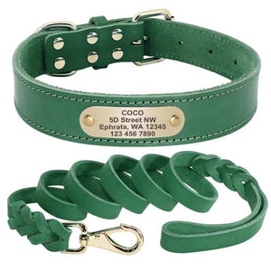 leather personalised dog collar and leash set green