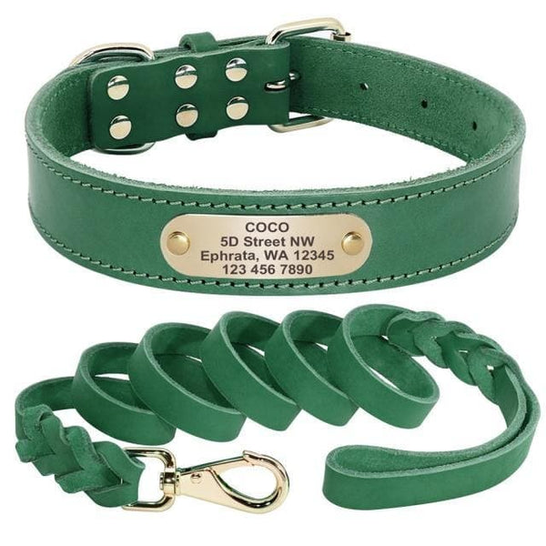 Load image into Gallery viewer, leather personalised dog collar and leash set green
