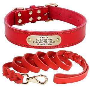 leather personalised dog collar and leash set red