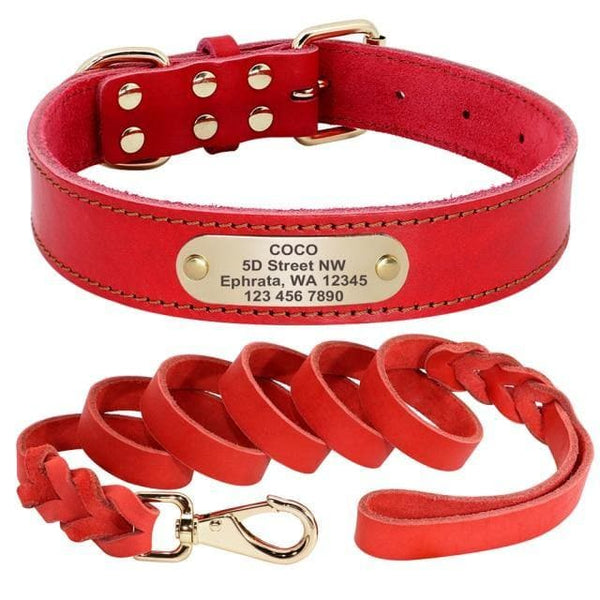 Load image into Gallery viewer, leather personalised dog collar and leash set red
