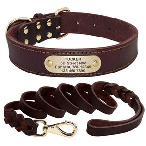 leather personalised dog collar and leash set brown