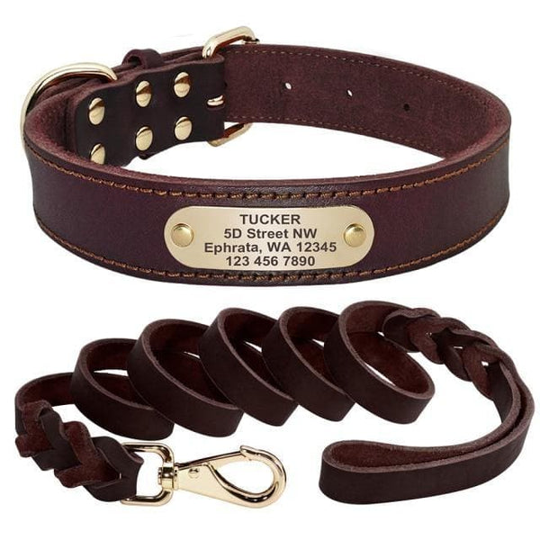 Load image into Gallery viewer, leather personalised dog collar and leash set brown
