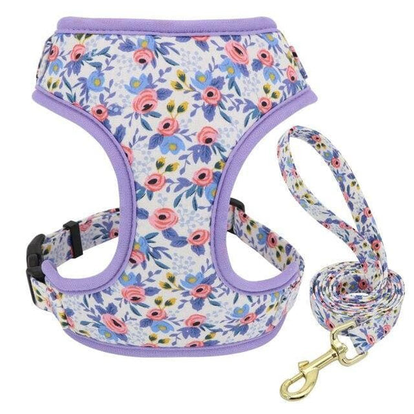 Load image into Gallery viewer, floral dog harness and leash set purple
