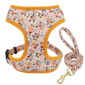 floral dog harness and leash set orange